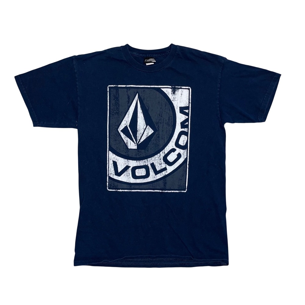 Volcom Stone Graphic T-Shirt Mens Medium Navy Blue Distressed Box Logo Skate Tee
